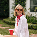 Sevy Lake Shore UPF 50+ sun bandana in Razzleberry, styled

