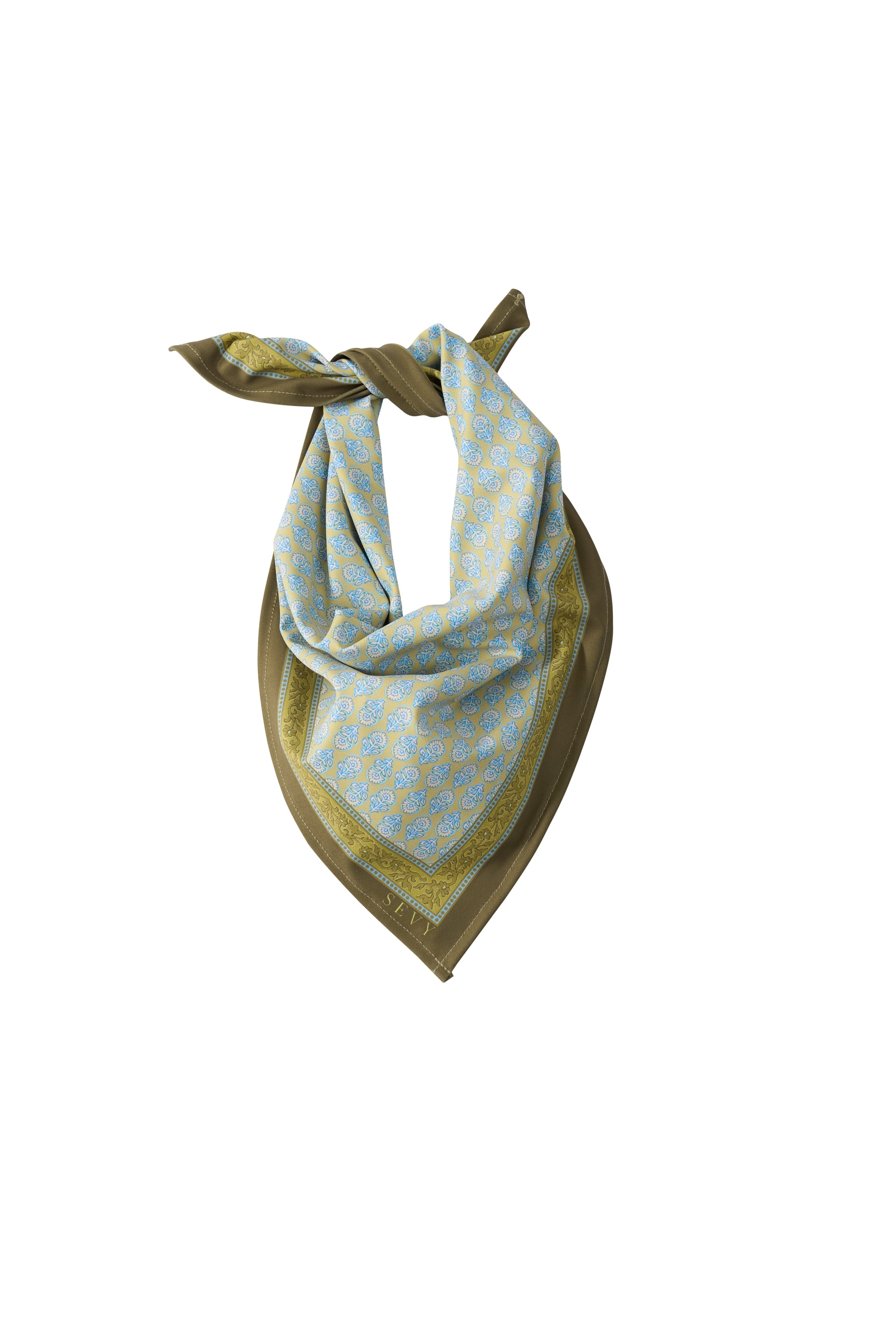 Sevy Lake Shore Bandana in Moss green, tied at the neck
