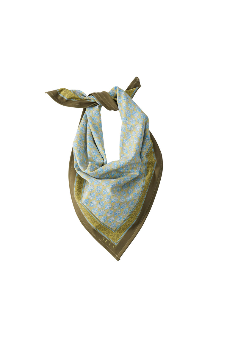 Sevy Lake Shore Bandana in Moss green, tied at the neck
