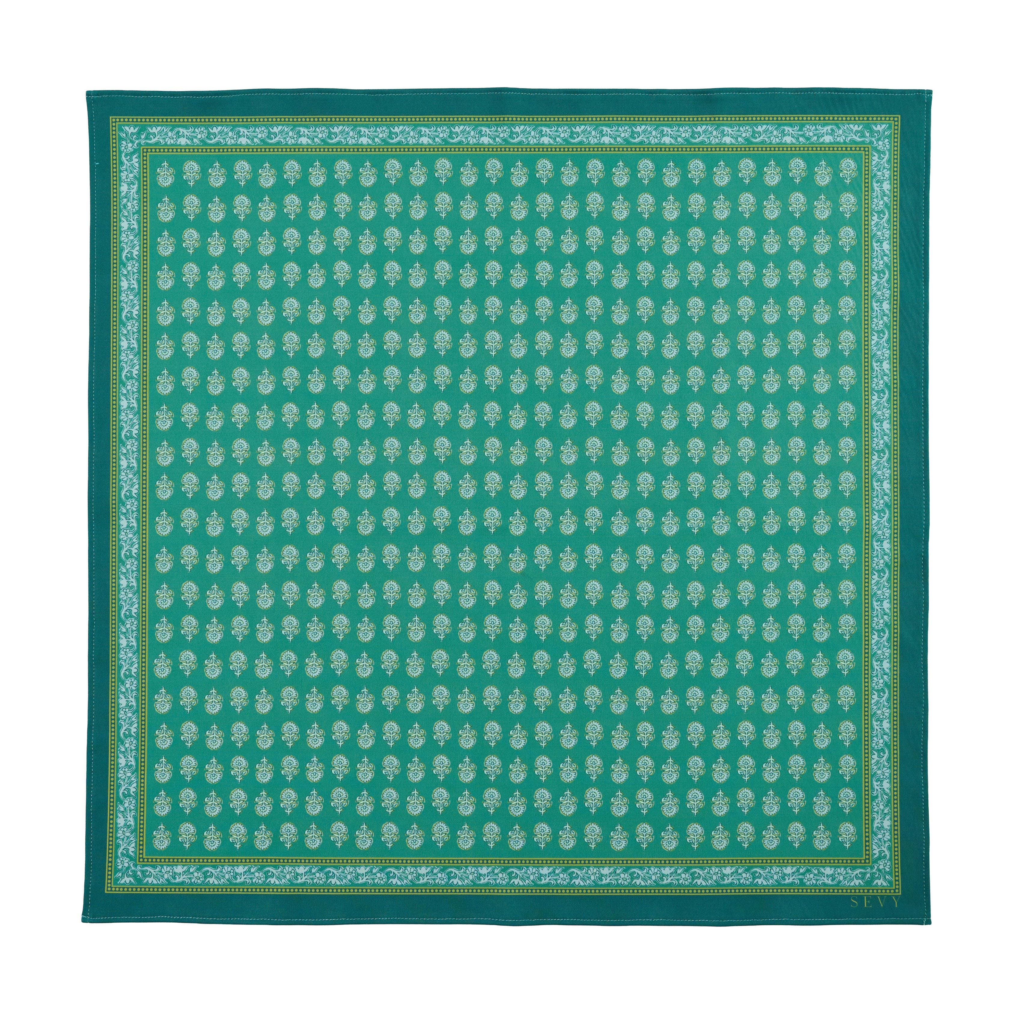 Lake Shore Sunwear Bandana in Ivy green, laid flat, SEVY Tailgate collection
Tied: Lake Shore Sunwear Bandana in Ivy green, tied, SEVY Tailgate collection