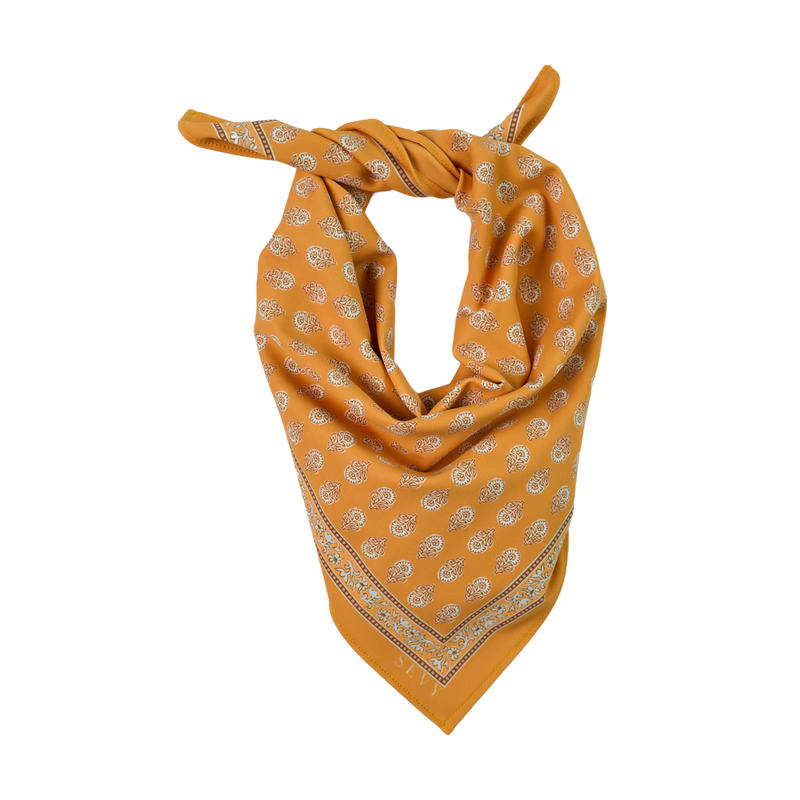 Lake Shore Sunwear Bandana in Pilsner gold, tied, SEVY Tailgate collection