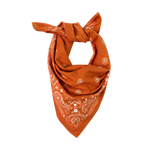 Sea Ranch Sunwear Bandana in Bonfire burnt orange paisley, tied, SEVY Tailgate collection