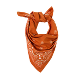 Sea Ranch Sunwear Bandana in Bonfire burnt orange paisley, tied, SEVY Tailgate collection