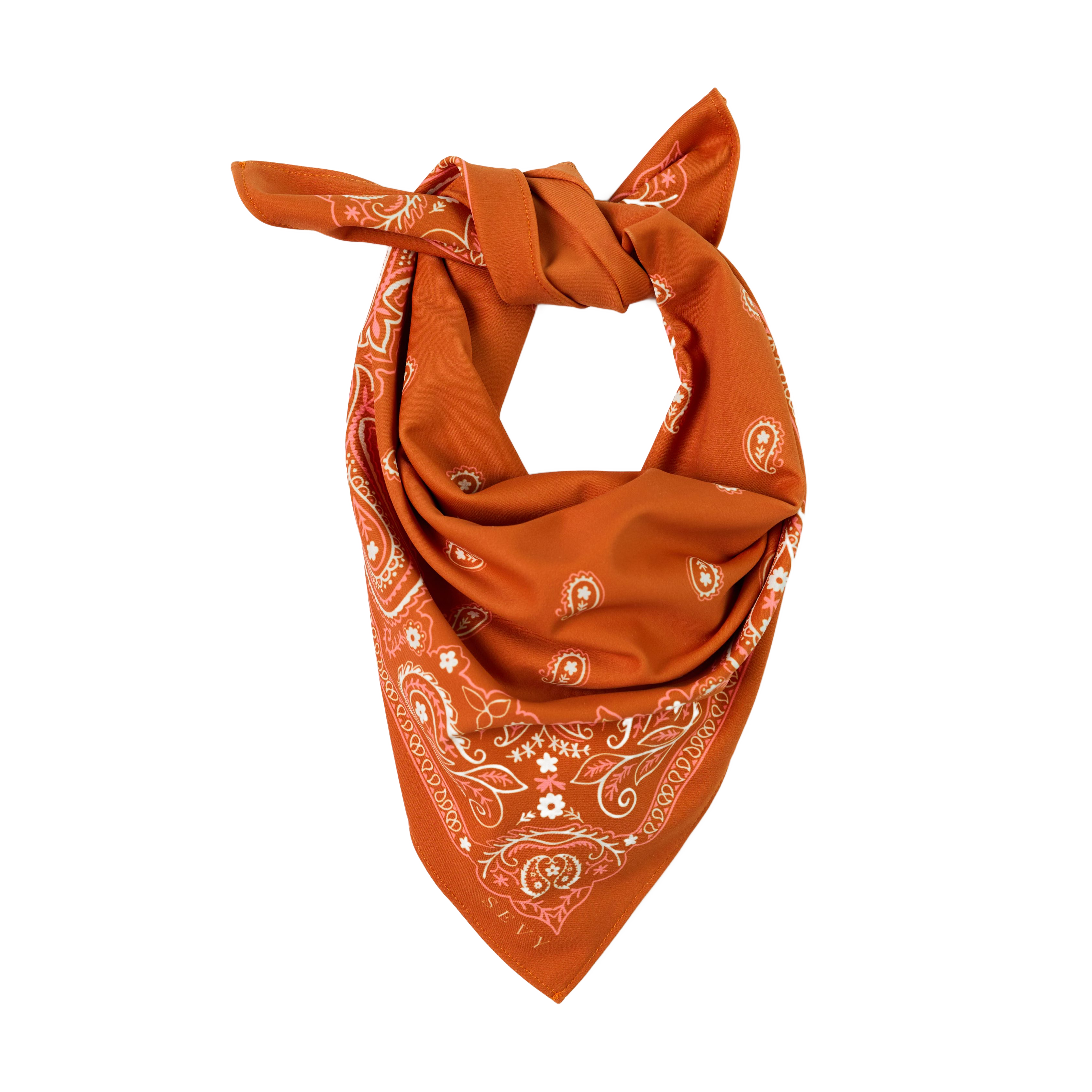 Sea Ranch Sunwear Bandana in Bonfire burnt orange paisley, tied, SEVY Tailgate collection