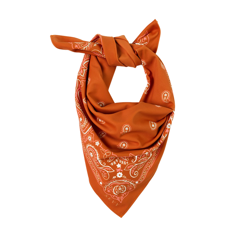 Sea Ranch Sunwear Bandana in Bonfire burnt orange paisley, tied, SEVY Tailgate collection