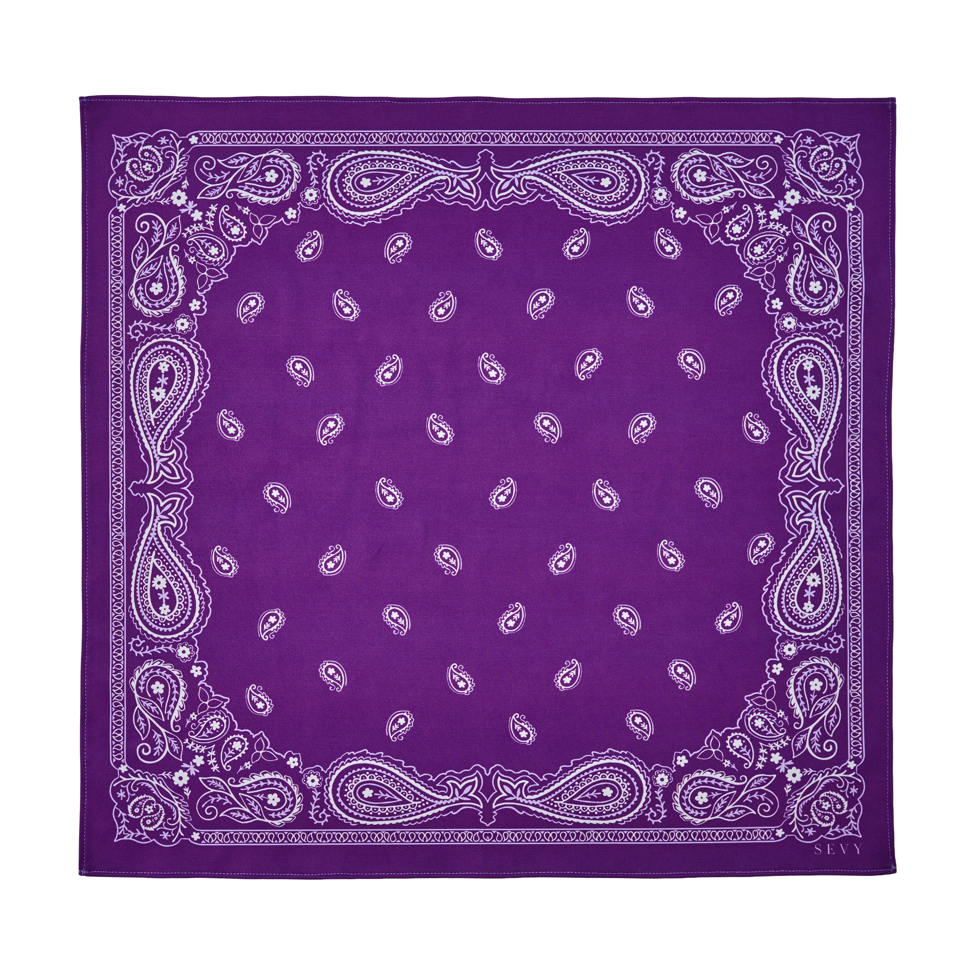Sea Ranch Sunwear Bandana in Lafitte Purple paisley, laid flat, SEVY Tailgate collection