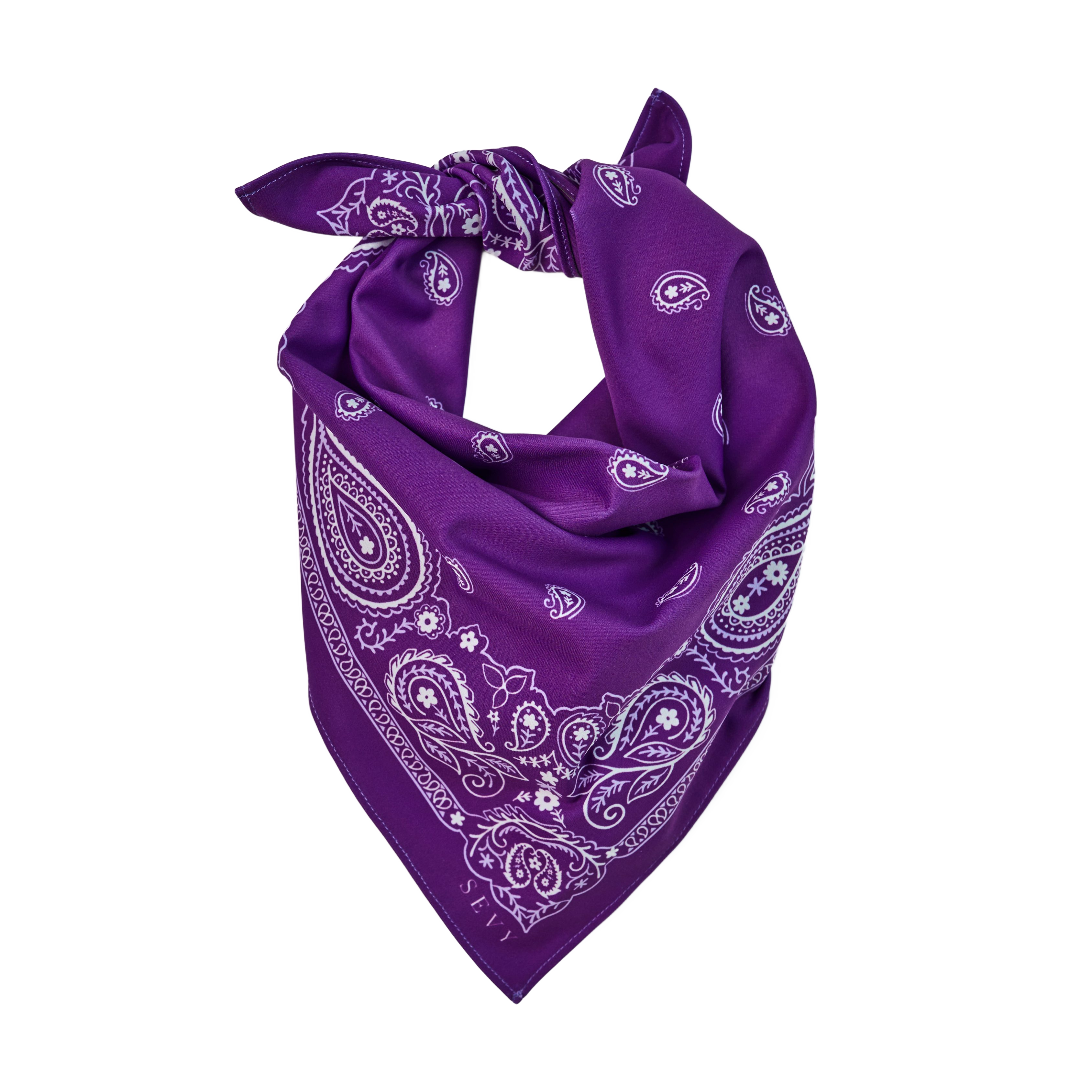Sea Ranch Sunwear Bandana in Lafitte Purple paisley, tied, SEVY Tailgate collection