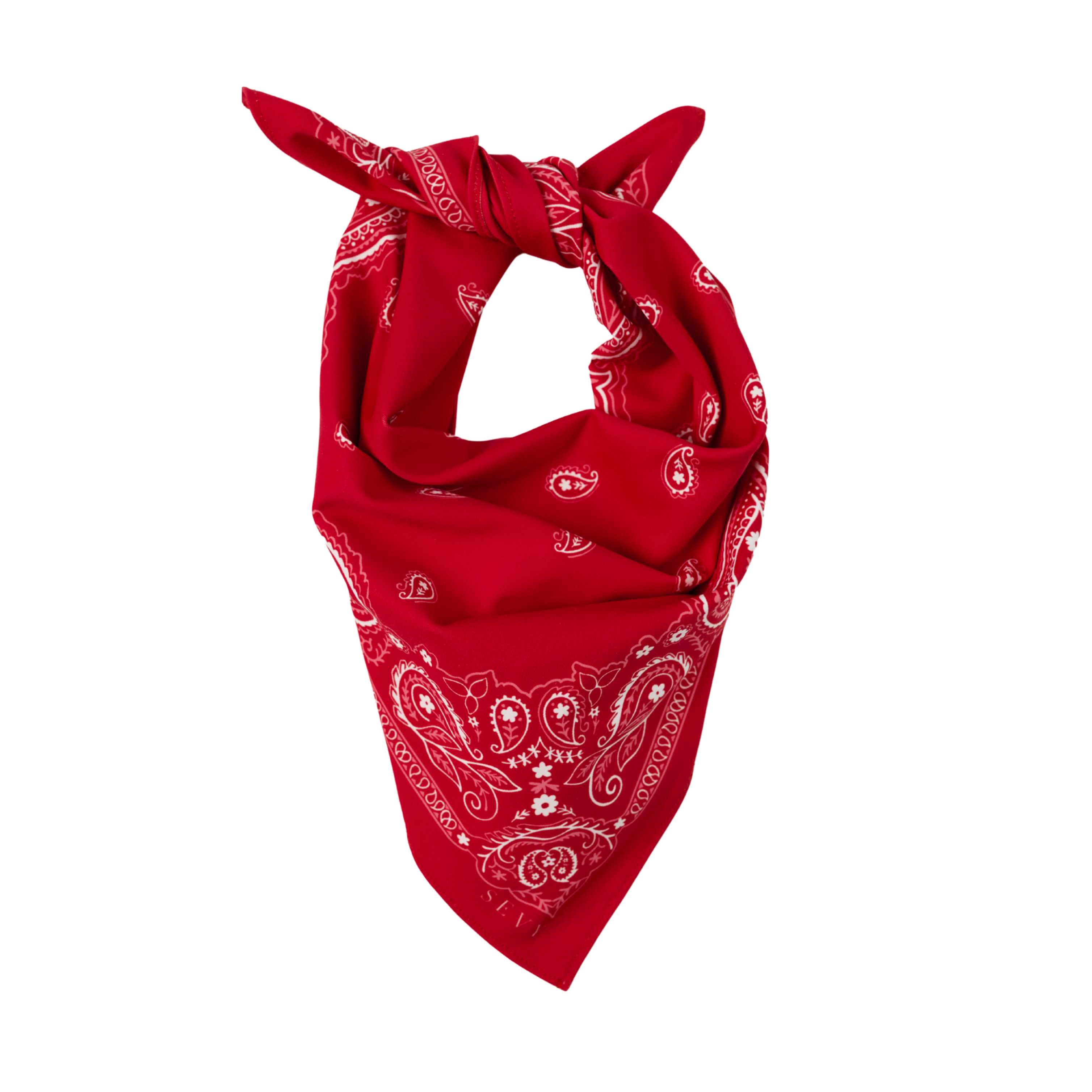Sea Ranch Sunwear Bandana in Redshirt red paisley, tied, SEVY Tailgate collection