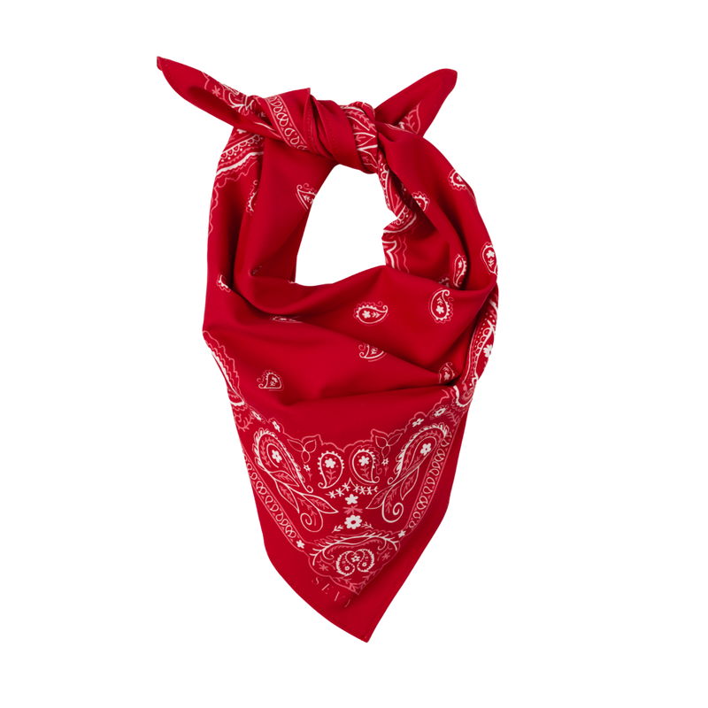 Sea Ranch Sunwear Bandana in Redshirt red paisley, tied, SEVY Tailgate collection