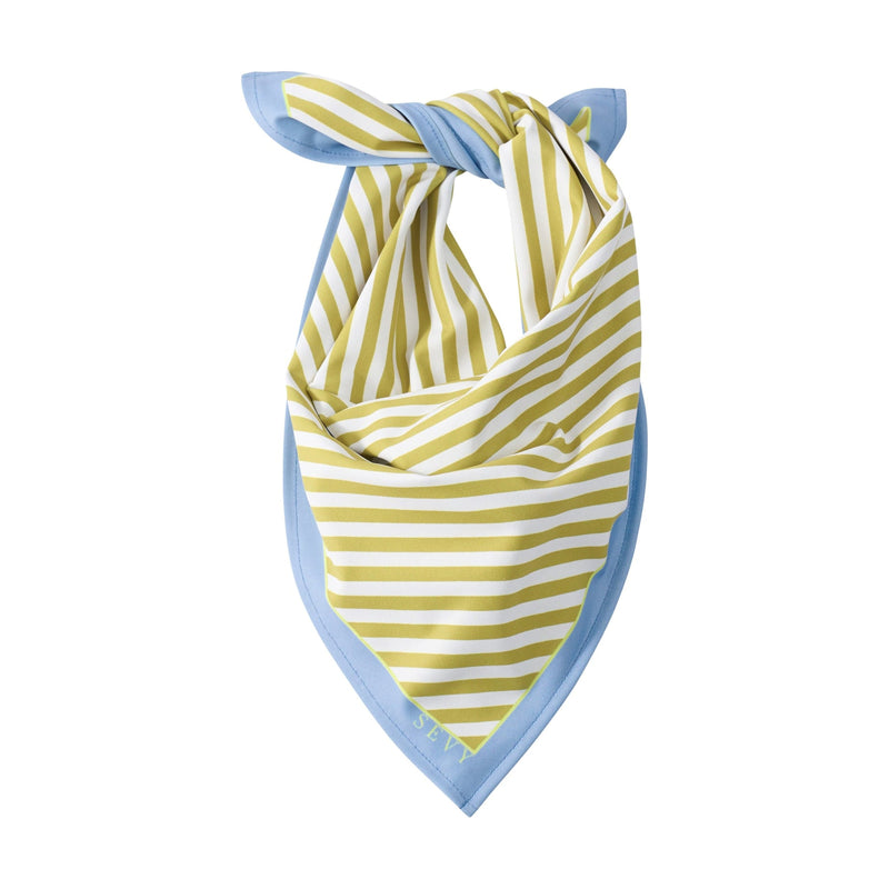 Sevy Hope Town Bandana in Chartreuse stripe with blue border, tied