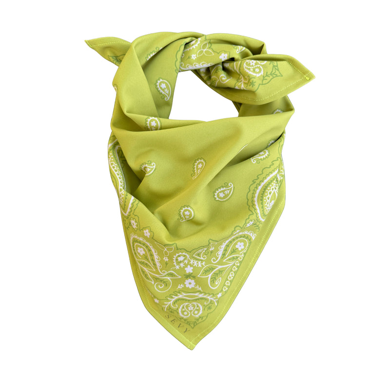 Sevy Sea Ranch Bandana in Chartreuse, tied at the neck