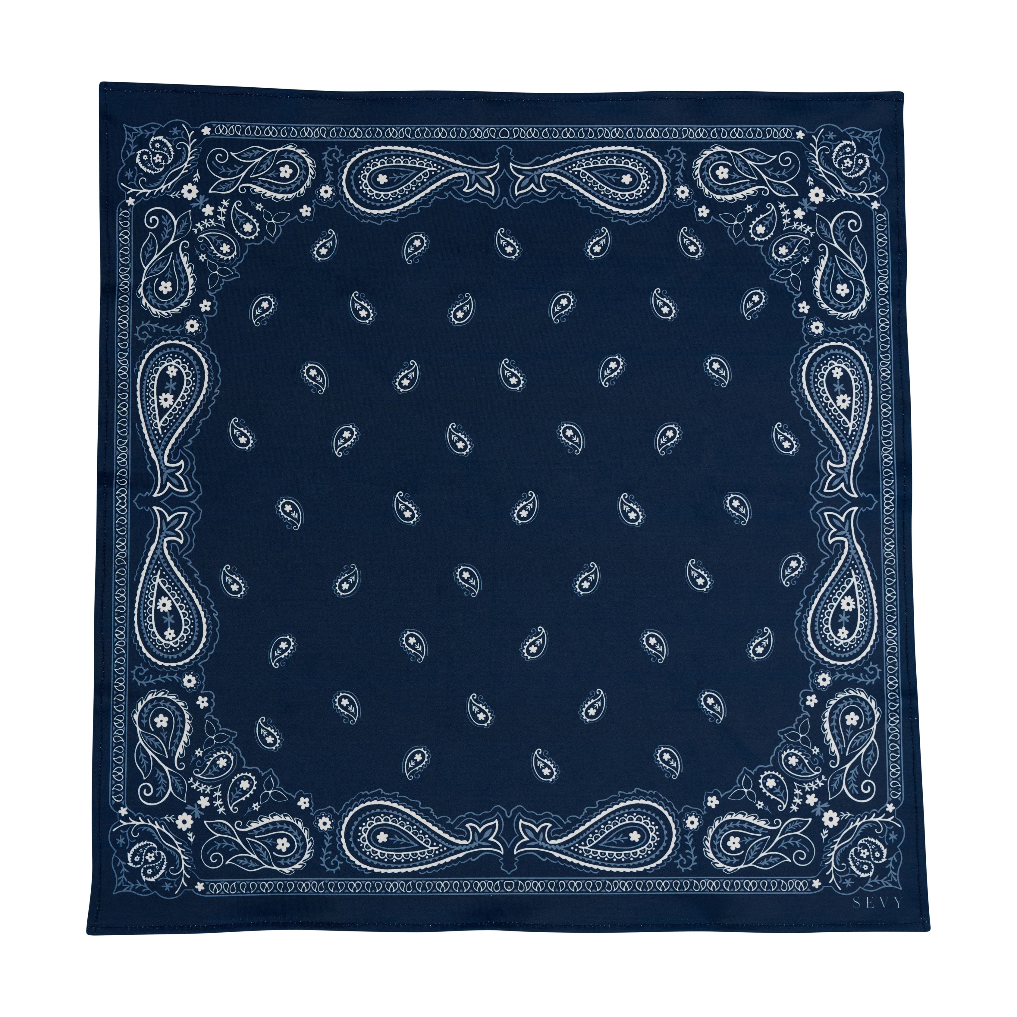Sevy Sea Ranch Bandana in Marine navy blue, laid flat to show the full print