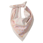 Sevy Sea Ranch Bandana in Sunset, oatmeal with orange and purple details, folded