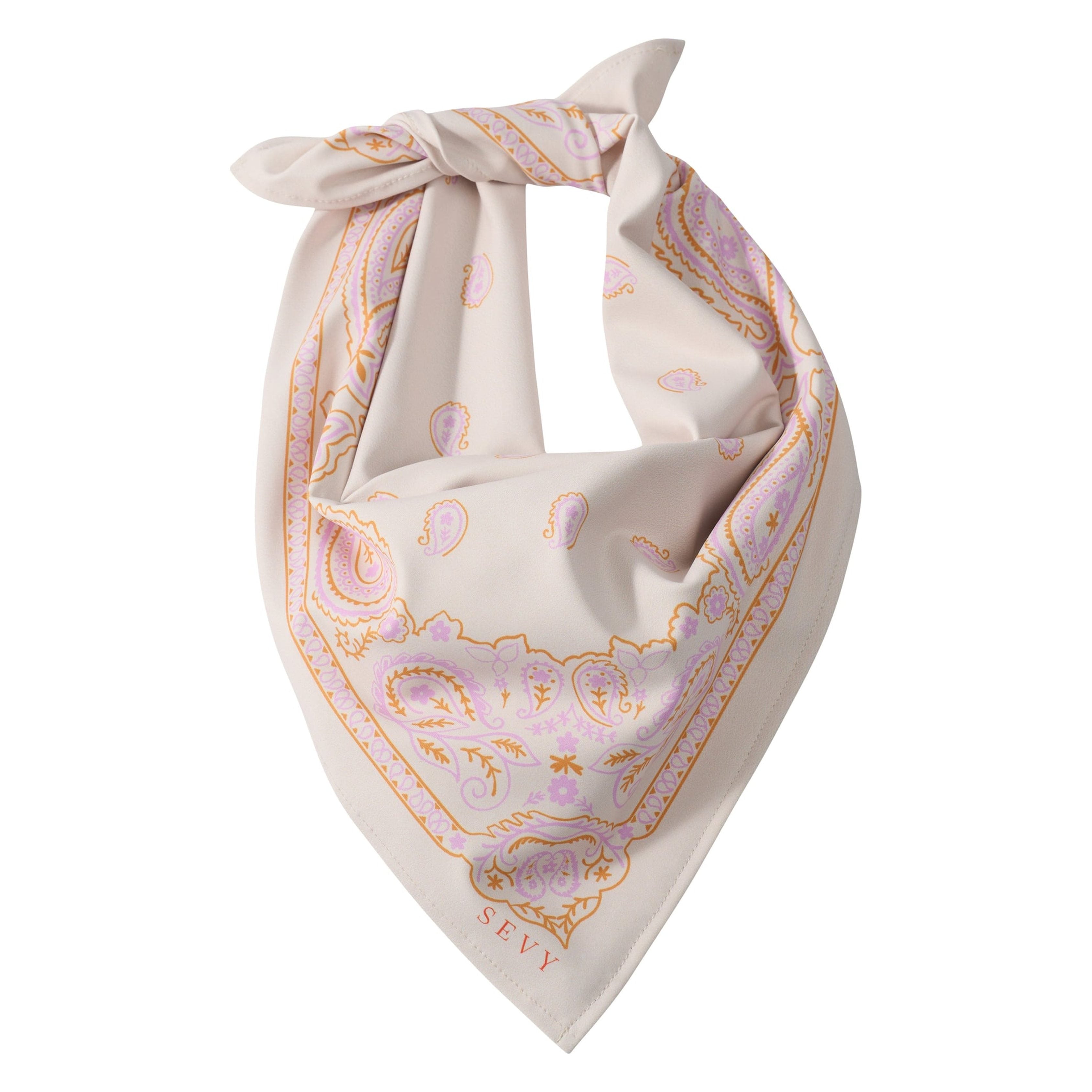 Sevy Sea Ranch Bandana in Sunset, oatmeal with orange and purple details, folded
