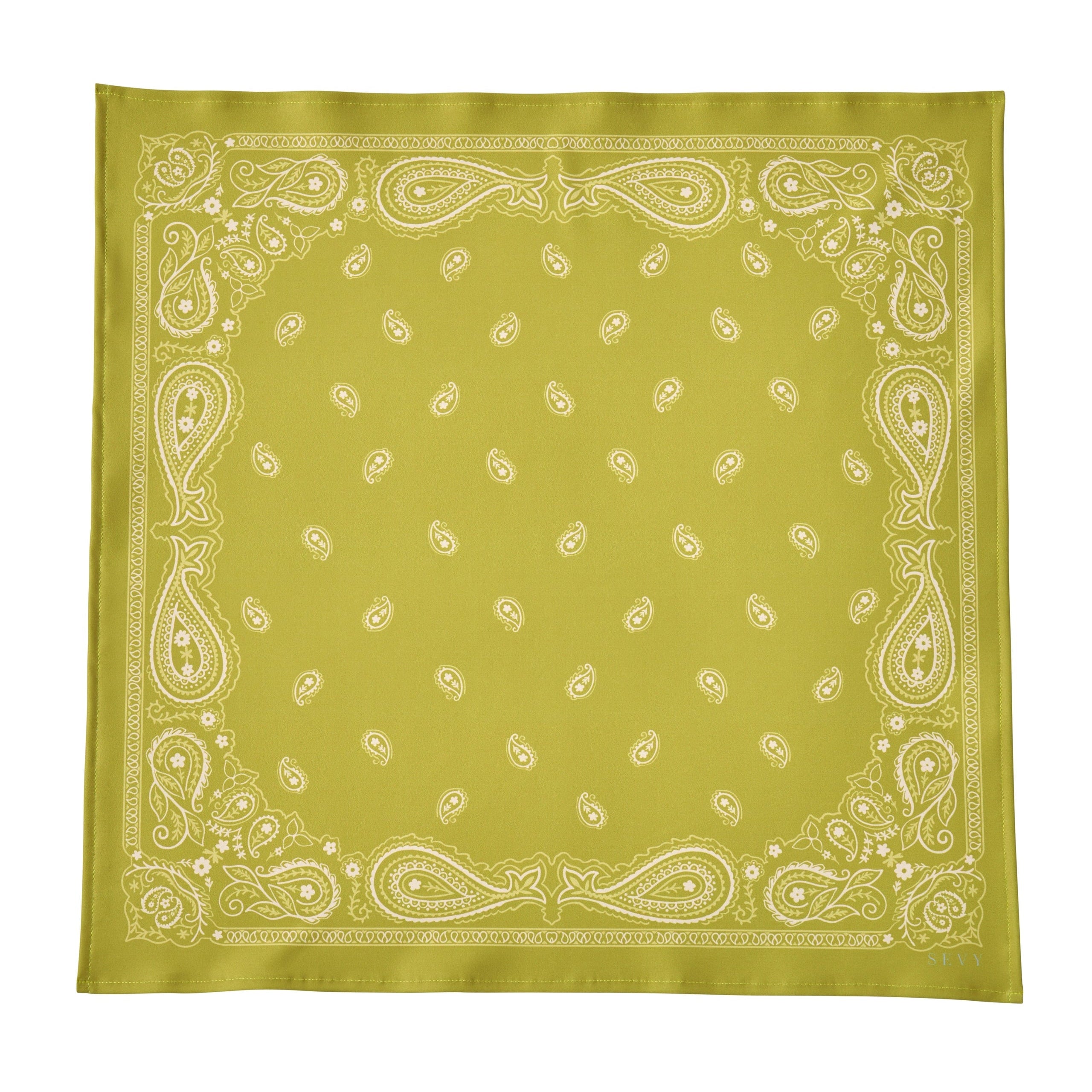 Green bandana with white paisley pattern on a white background